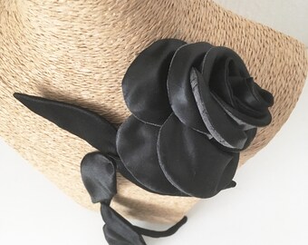 Black flower brooch inspired by pink textile jewelry for women