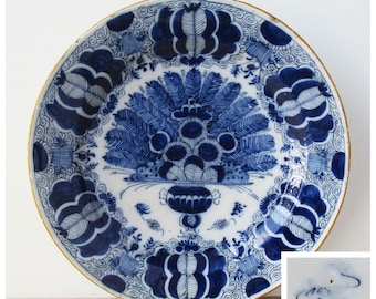 Antique 1700s - De PORCELEYNE CLAEUW - Large DELFT Blue Charger / Wall Plate Peacock Style - 36 cm / 14 inch  - Genuine Dutch Delftware