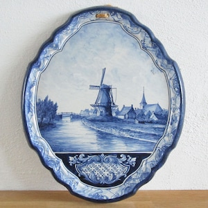 1800s ROYAL TICHELAAR MAKKUM - Large Delft Blue Wall Plaque / Antique Tile with Dutch village  - 40 cm / 15.7 inch