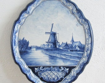 1800s ROYAL TICHELAAR MAKKUM - Large Delft Blue Wall Plaque / Antique Tile with Dutch village  - 40 cm / 15.7 inch