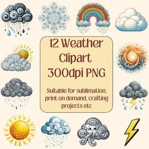 12 images clipart météo PNG - transparentes 300 dpi, adaptées à la sublimation et à l'impression à la demande.
