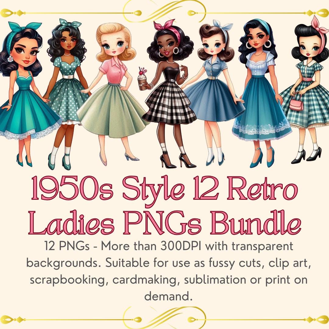Retro Lady 1950s Retro Ladies 12 PNG Bundle - 300DPI Transparent Background Pngs ...