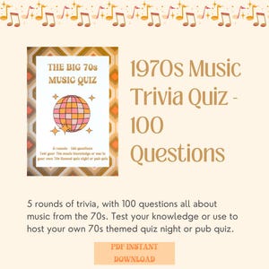 Printable 1970s Music Trivia Quiz - 100 questions about 70s music to host your own quiz night or pub quiz