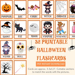 Flashcards de Halloween para impressão - 32 cartões de vocabulário de Halloween - Atividades para crianças - Download em PDF
