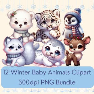 Joli clipart hiver bébé animaux - 12 fichiers PNG transparents - 300 ppp - à utiliser pour le scrapbooking, la fabrication de cartes, le collage, la sublimation ou l'impression à la demande