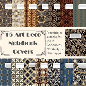 May include: Fifteen printable Art Deco notebook covers in various geometric patterns with gold accents. The covers are suitable for use in Goodnotes, Notability, and other apps.