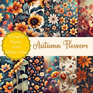 12 Autumn Fall Flowers 300dpi JPG Digital Papers - Floral printable for crafting projects & commercial use