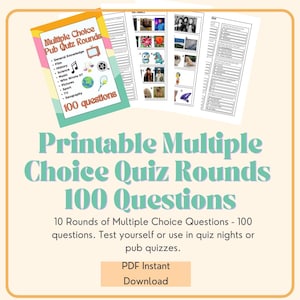 Könnte beinhalten: Ein druckbares Multiple-Choice-Quiz mit 100 Fragen. Das Quiz deckt Allgemeinwissen, Film, Geschichte, Naturwissenschaften, Musik und mehr ab. Das Cover zeigt ein farbenfrohes Design mit dem Text "Multiple Choice Pub Quiz Rounds" und "100 questions".