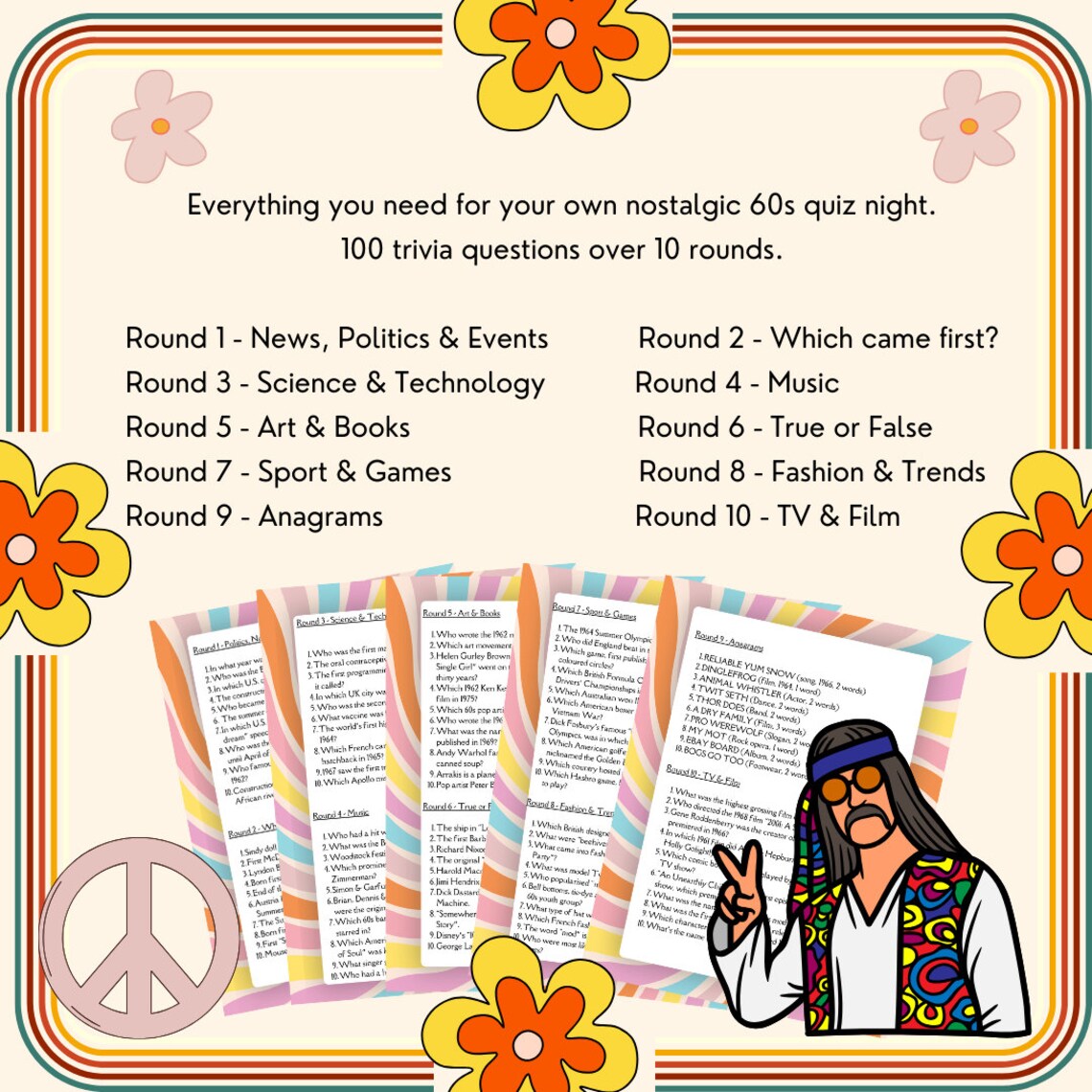 Printable 1960s Trivia Quiz 100 Questions Etsy