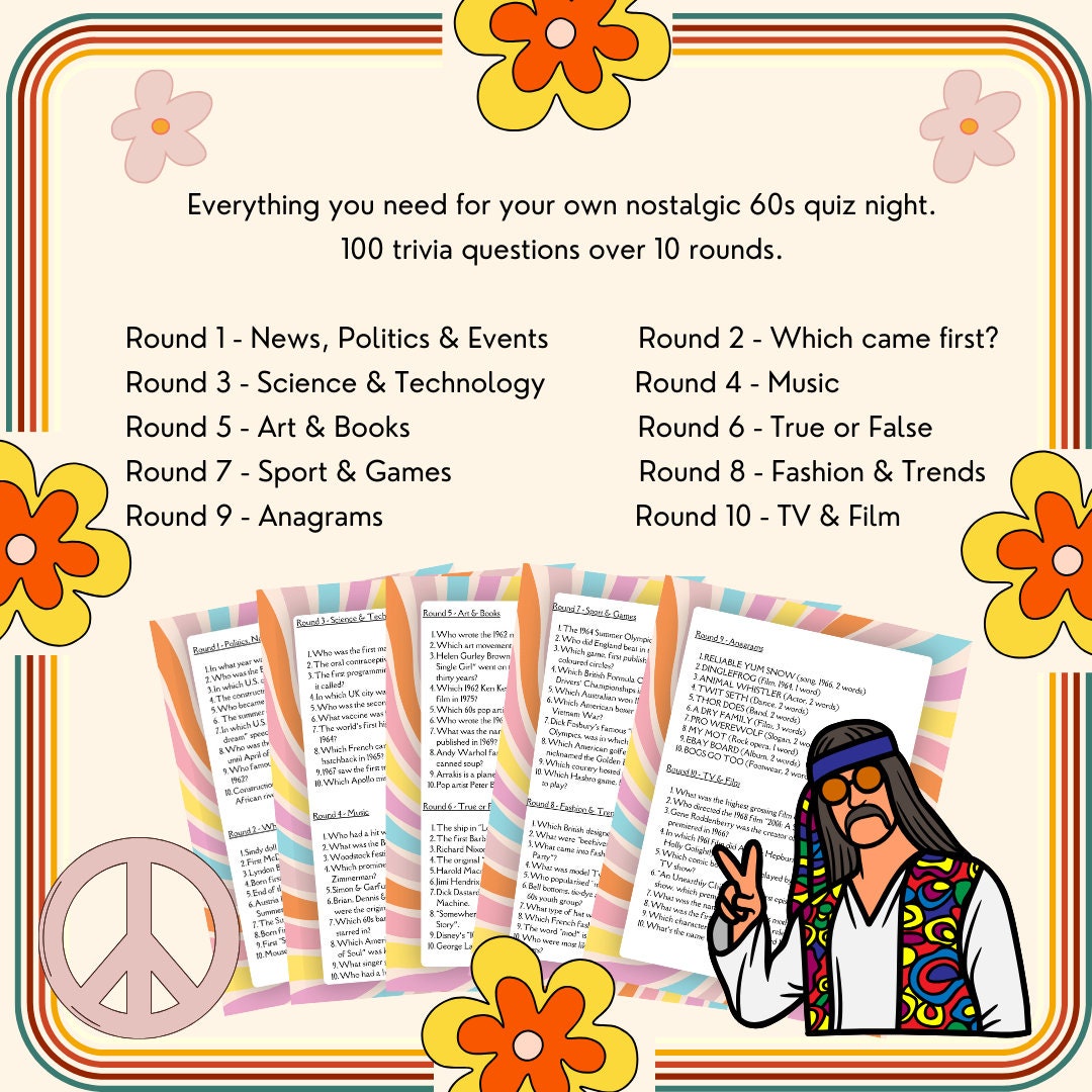 Printable 1960s Trivia Quiz - 100 Questions - Etsy