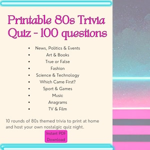 Printable 80s Trivia Quiz - 100 Questions, PDF Digital Download, 1980s Pub Quiz