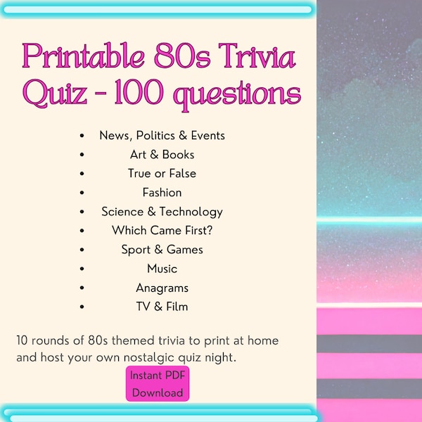 Printable 80s Trivia Quiz - 100 Questions, PDF Digital Download, 1980s Pub Quiz