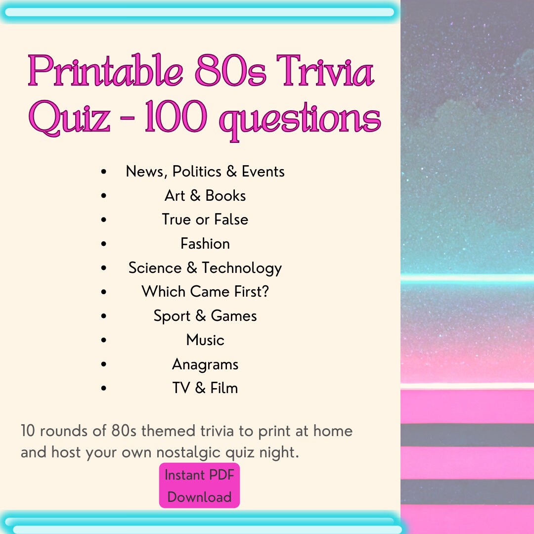 Printable 80s Trivia Quiz 100 Questions PDF Digital Download 1980s Printable 80s Trivia Quiz 100 Questions PDF Digital Download 1980s