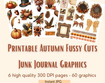 May include: Printable autumn fussy cuts for junk journaling.  6 high quality 300 DPI pages with 60 graphics.  Includes images of pumpkins, leaves, birds, wreaths, bows, and more.
