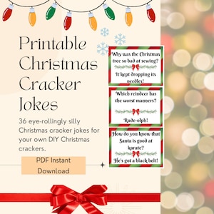 May include: A festive graphic with the text "Printable Christmas Cracker Jokes." The image includes Christmas lights, snowflakes, and three cards with jokes. The text also includes "PDF Instant Download" and a red bow.