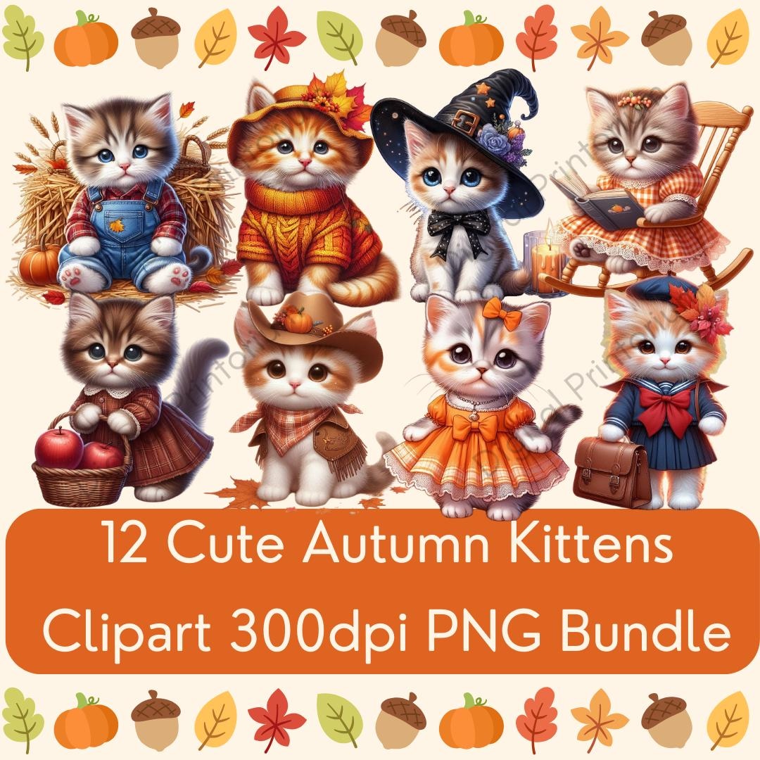 12 Cute Autumn Cats - Transparent PNG Fall Kittens Clipart Images - Etsy
