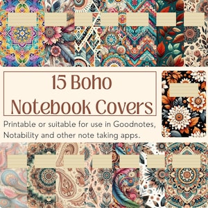 May include: 15 printable boho notebook covers with colorful patterns and designs. The covers are suitable for use in Goodnotes, Notability and other note taking apps.