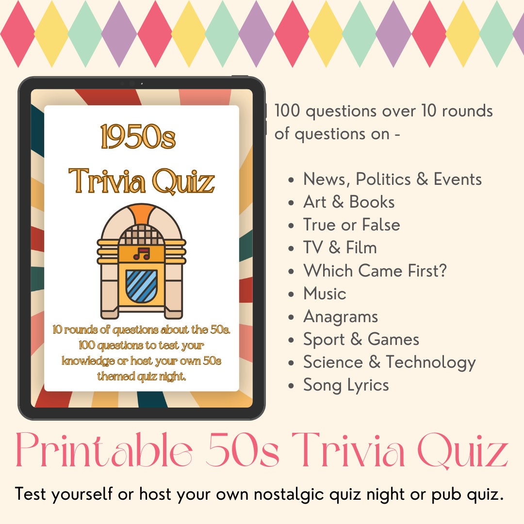 Printable 1950s Trivia Quiz 100 Questions to Host Your Own Nostalgic