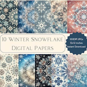 Winter Snowflakes Digital Papers - 10 snowy pattern backgrounds - 300DPI JPGs Bundle.