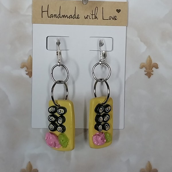 Sushi, wasabi, and ginger board food polymer clay handmade dangle earrings