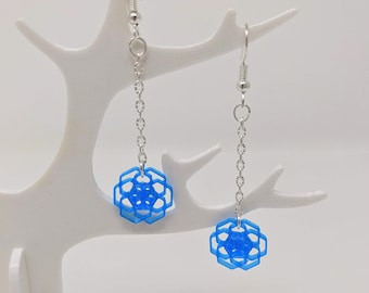 Blue Drop Earrings with Geometric Flower, 3D Printed Neon Earrings with Silver Chain, Fluorescent Lightweight Neon Contemporary Mod Jewelry