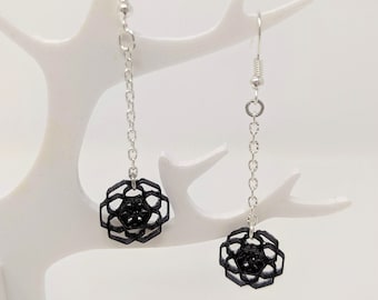 Geometric Flower 3D Printed Drop Earrings in Black, Lightweight Earrings with Silver Chain, Black Geometric Contemporary Mod Drop Earrings