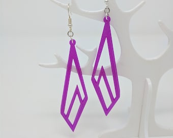 Asymmetrical Purple 3D Printed Earrings--Fluorescent Geometric Jewelry-- Contemporary Mod Earrings--Neon Lightweight Statement Jewelry