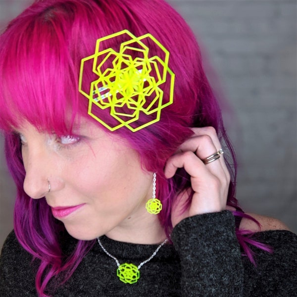 Geometric Flower Fascinator Hair Clip, Neon 3D Printed Architectural Clip, Glow in the Dark Festival Fashion, Lightweight Fluorescent Clip