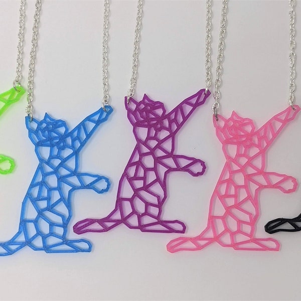 3D Printed Low-Poly Cat Pendant Necklace - Geometric Kitty Jewelry - Contemporary Mod - Lightweight Neon Necklace -  Fluorescent  Jewelry