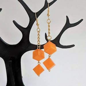 Geometric Orange Drop Earrings--3D Printed Jewelry--Fluorescent Colors--Contemporary Mod Jewelry--Neon Cubes and Chain--Lightweight Jewelry