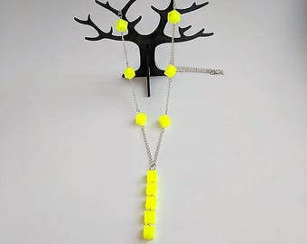 Fluorescent Yellow 3D Printed Lariat Necklace--Geometric Jewelry--Contemporary Mod Jewelry--Neon Cubes and Chain--Glowing Electric Yellow
