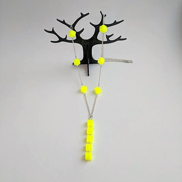 Fluorescent Yellow 3D Printed Lariat Necklace--Geometric Jewelry--Contemporary Mod Jewelry--Neon Cubes and Chain--Glowing Electric Yellow