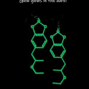 May include: A pair of green glow-in-the-dark earrings shaped like molecular structures. "Glow glows in the dark!" is written in white text at the top of the image.