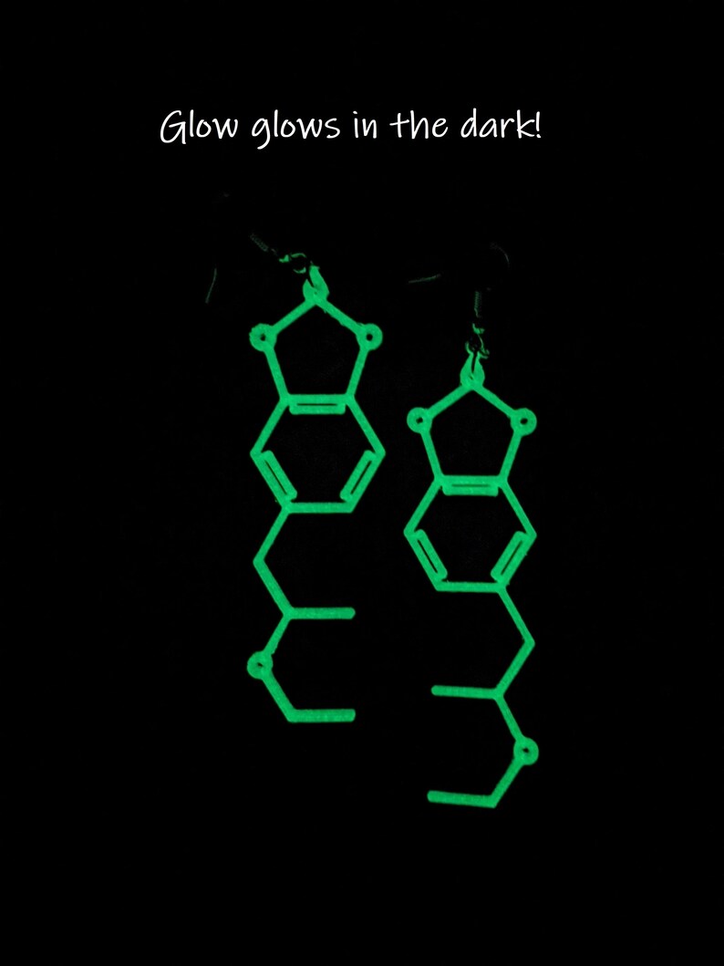 May include: A pair of green glow-in-the-dark earrings shaped like molecular structures. "Glow glows in the dark!" is written in white text at the top of the image.