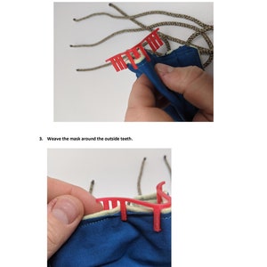 May include: Close-up of a blue fabric face mask being woven around red plastic teeth. The mask has a white seam around the edge.