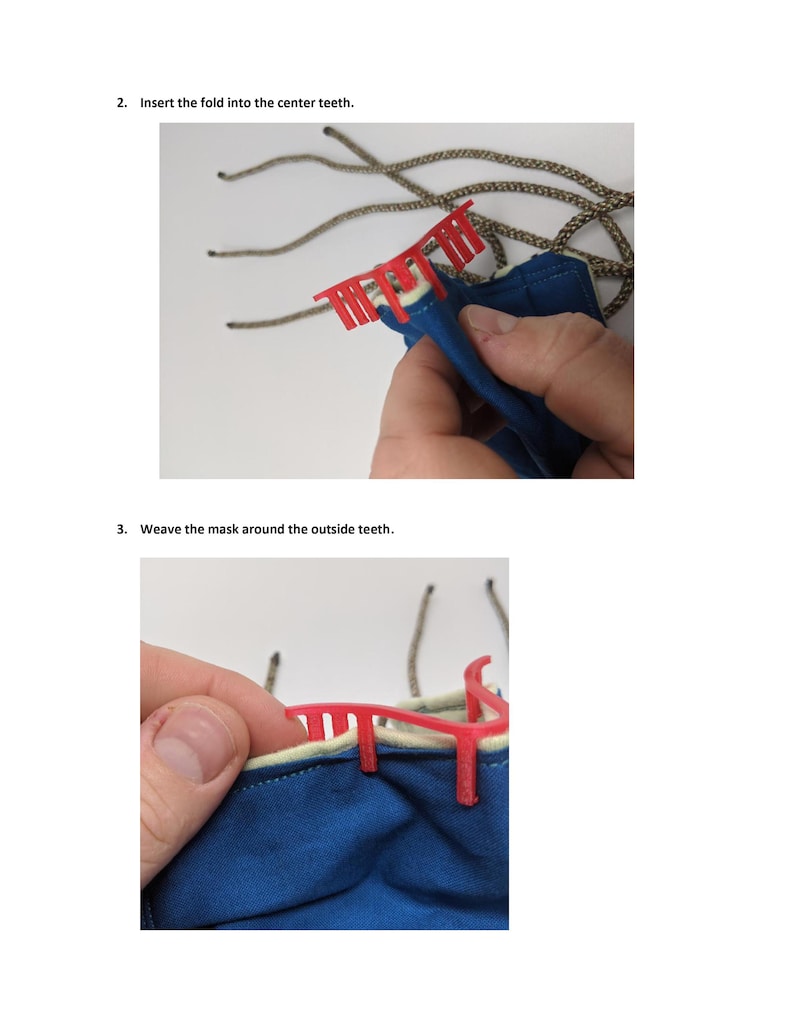 May include: Close-up of a blue fabric face mask being woven around red plastic teeth. The mask has a white seam around the edge.