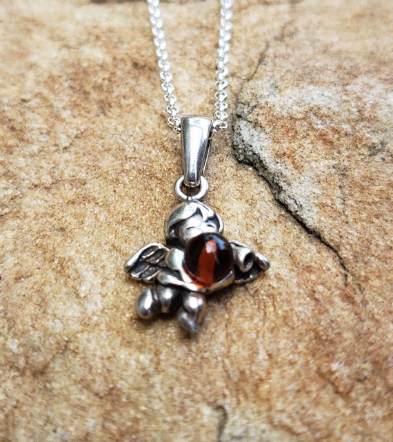Sterling Silver and Amber Cherub Necklace Amber Charm Cherub