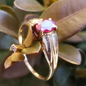 Puede incluir: Un anillo de oro con una gran gema de rub&iacute; de corte ovalado. La banda del anillo tiene un dise&ntilde;o detallado, y el rub&iacute; est&aacute; engastado en un engaste cl&aacute;sico de garras. El anillo se muestra sobre un fondo de hojas verdes y marrones.