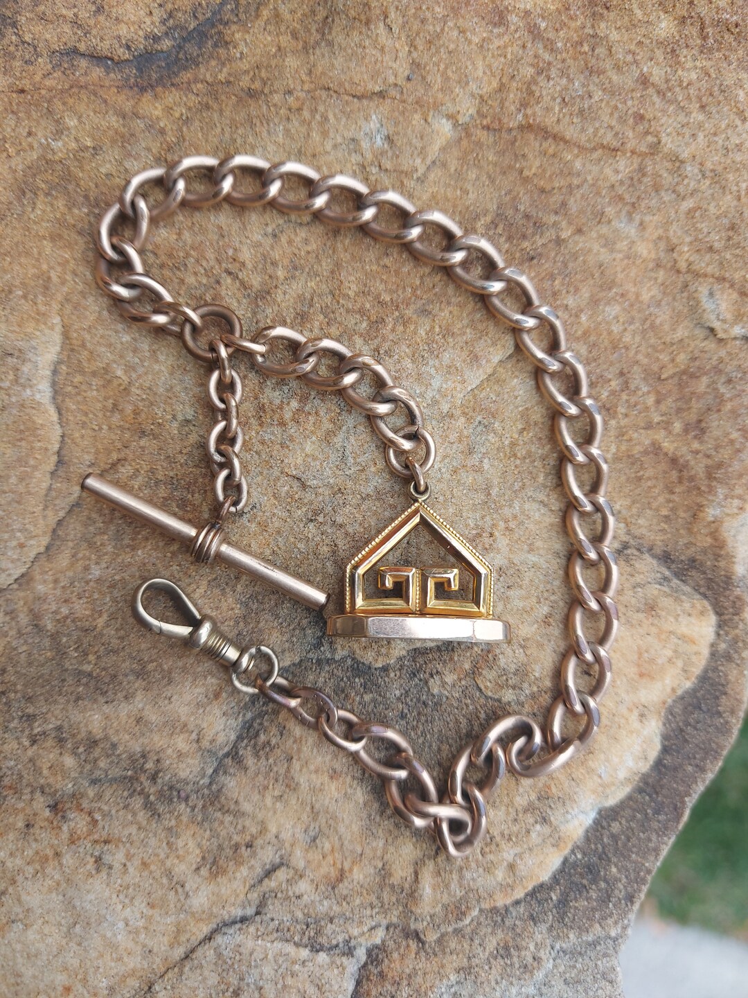 Gold Filled Watch Chain and Fob / Albert T Bar Chain / Gold Filled Fob