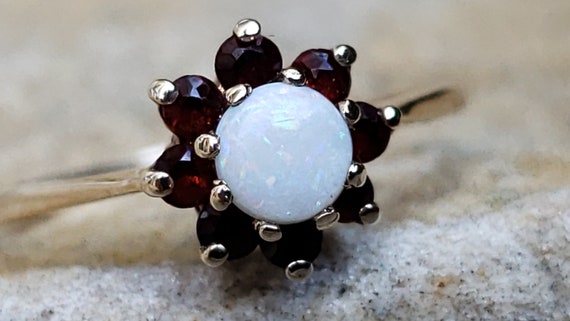 Vintage Garnet and Opal Ring / Natural White Opal… - image 1