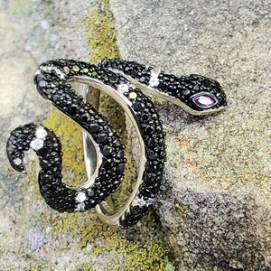 May include: A silver-toned ring shaped like a coiled snake, featuring a pavé setting of small black stones covering the body, accented with white stone bands and a single marquise-cut red stone for the eye, with a polished metallic inner band.