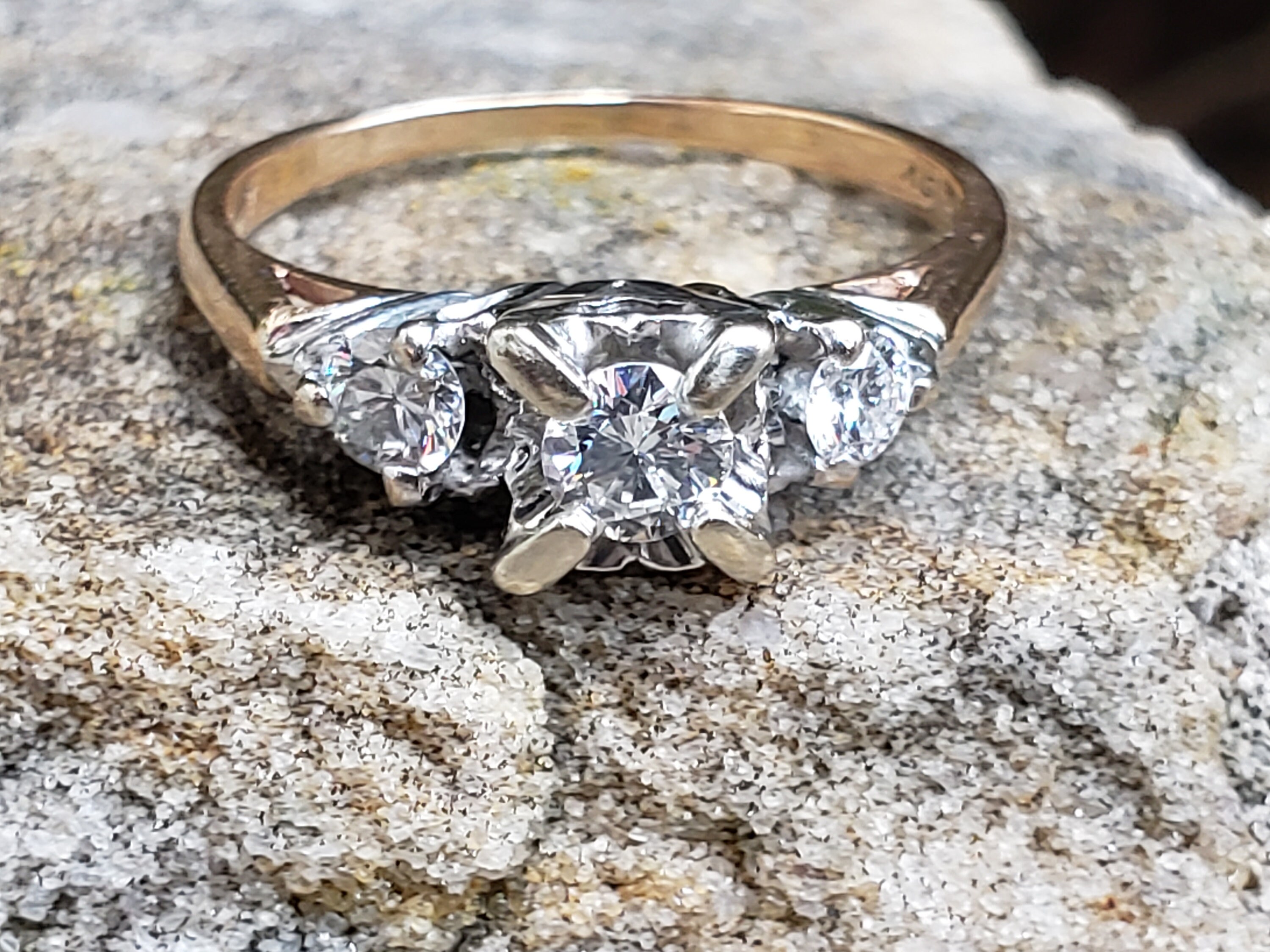 Vintage Diamond Engagement Ring / Three Stone Diamond Engagement Ring ...