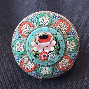 Sea Blue Teal and Red Floral Micro Mosaic Brooch / Italian Made Micro Mosaic Brooch