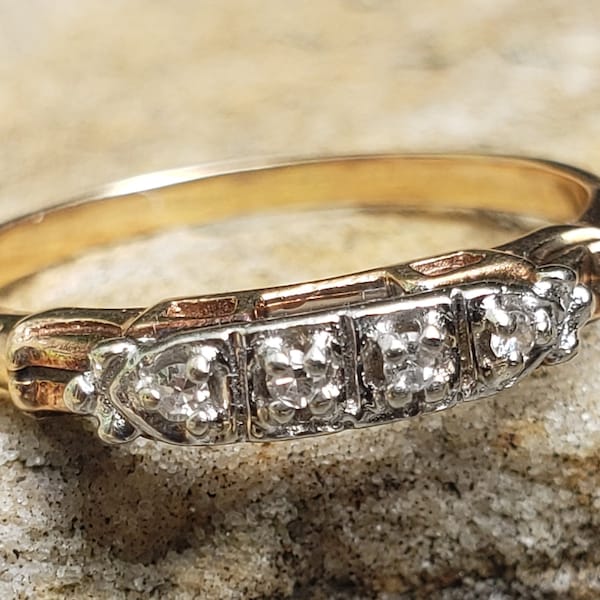 Antique Diamond Wedding Band / Art Deco Diamond Wedding Ring / Two Tone Gold and Diamond Wedding Ring