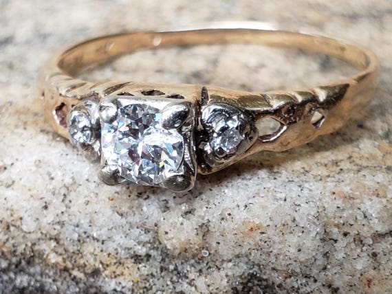 Two Tone Engagement Ring / Transitional Cut Diamo… - image 1