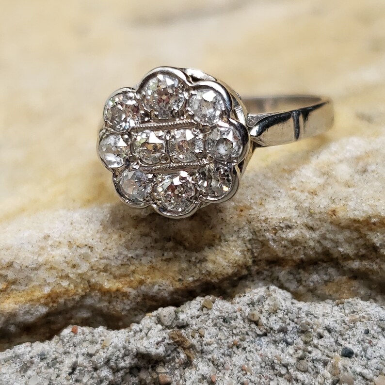 May include: A silver ring with a cluster of small diamonds set in a flower shape.