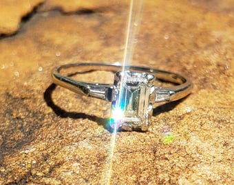Emerald Cut Diamond Engagement Ring / 0.81 ct Diamond Engagement Ring / Emerald and Baguette Diamond Engagement Ring