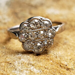 May include: A silver ring with a cluster of small diamonds set in a flower shape.