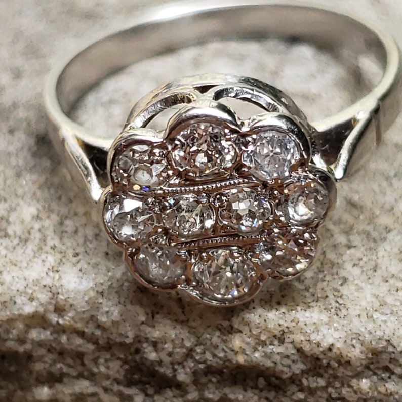May include: A silver ring with a cluster of small diamonds set in a flower-shaped design.