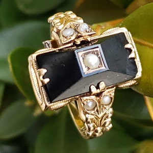 Anillo Art Déco de ónix y peal de semillas naturales / Anillo de ónix y perlas raro y único